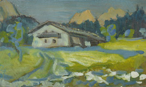 Werkverzeichnis Nr. 23, um 1948, Almkaser, Öl auf Karton, 12,0 x 20,0 cm