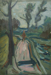 Werkverzeichnis Nr. 29 <br>um 1948, Weg mit Spaziergänger, Öl auf Karton, 39,0 x 27,0 cm