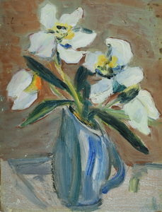 Werkverzeichnis Nr. 129,  1955, Blumenstillleben, Öl auf Karton, 24,0 x 18,2 cm, 
						Rückseite bemalt mit Werkverzeichnis Nr. 116, um 1955, Laubbäume vor einem Tannenwald  