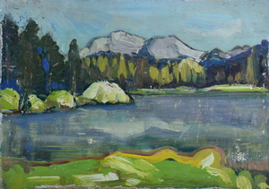 Werkverzeichnis Nr. 199, um 1963, See in den Alpen, Öl auf Karton, 56,7 x 51,8 cm