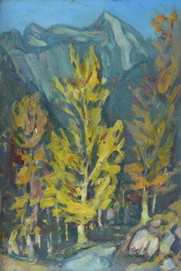 Werkverzeichnis Nr. 217, um 1964, Bäume mit Berg, Öl auf Karton, 60,3 x 40,1 cm 