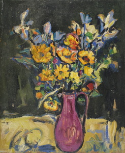Werkverzeichnis Nr. 360, um 1967, Blumenstrauß in brauner Vase, Öl auf Hartfaser, 56,4 x 47,2 cm