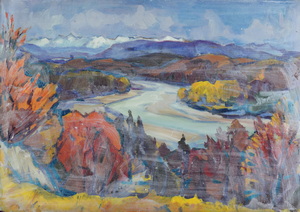 Werkverzeichnis Nr. 316, um 1967, Isar mit weißlicher Üermalung, Öl auf Karton, 55,8 x 77,7 cm