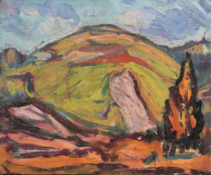 Werkverzeichnis Nr. 452, um 1969, Simetsberg mit Baum, Öl auf Karton, 39,3 x 47,0 cm
