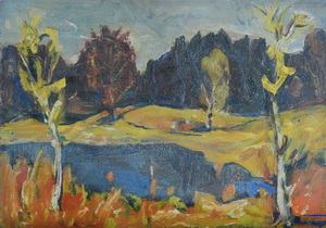 Werkverzeichnis Nr. 494, um 1969, Gewässer mit Bäumen, Öl auf Karton, 40,0 x 57,5 cm