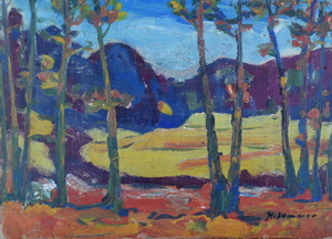 Werkverzeichnis Nr. 511, um 1969, Bäume an einem kleinen Bach, Öl auf Karton, 38,0 x 52,3 cm