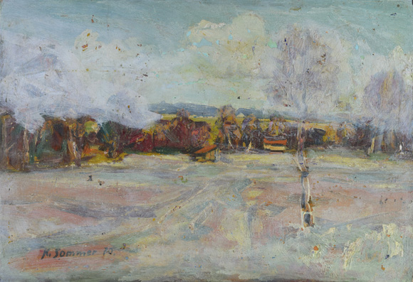 Dachauer Moos, 1970, um 1990 teilweise weiß übermalt, Acryl, Öl auf Karton, 40,8 x 59,2 cm,
bez. u.l.: K. Sommer 70