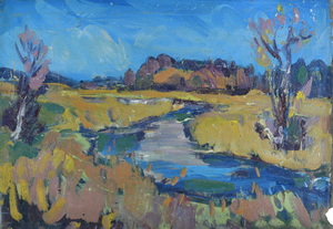 Werkverzeichnis Nr. 579, um 1971, Mooslandschaft mit Bach,  Öl auf Karton, 40,0 x 57,2 cm, 
						Rückseite von Werkverzeichnis Nr. 191, um 1962, Berge mit Gehöften 