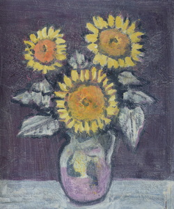 Werkverzeichnis Nr. 595, um 1971, Drei Sonnenblumen vor violettem Hintergrund, Öl auf Holz, 54,0 x 46,0 cm