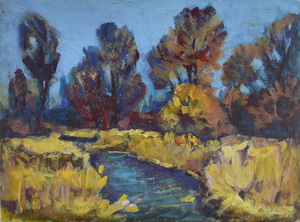 Werkverzeichnis Nr. 709, um 1973, Mooslandschaft mit Wasssergraben, Öl auf Karton, 37,2 x 50,0 cm