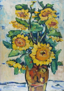 Werkverzeichnis Nr. 756, um 1973, Sonnenblumen vor beigem Grund, Öl auf Karton, 80,3 x 56,8 cm