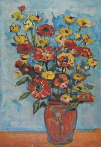 Werkverzeichnis Nr. 693, um 1973, Blumenstrauß in brauner Vase, Öl auf Karton, 76,0 x 52,9 cm