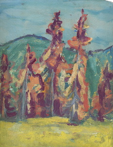 Werkverzeichnis Nr. 734, um 1973, Bäume mit Bergen, Öl auf Karton, 43,7 x 34,2 cm