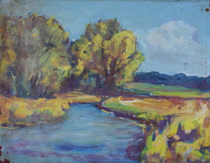Werkverzeichnis Nr. 808, um 1974, Mooslandschaft mit einem Gewässer und Bäumen, Öl auf Karton, 38,7 x 48,7 cm
