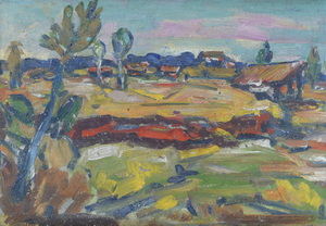 Werkverzeichnis Nr. 787, um 1974, Hütten in hügeliger Landschaft, Öl auf Karton, 40,5 x 57,2 cm