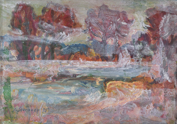Mooslandschaft mit Gewässer und Bäumen, 1975, übermalt um 1989, Öl auf Karton, 38,3 x 52,9 cm, bez. u.l.: K. Sommer 75