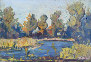 Werkverzeichnis Nr. 875, um 1975, Landschaft mit Gewässer und Bäumen, Öl auf Karton, 40,4 x 58,2 cm