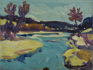 Werkverzeichnis Nr. 888, um 1975, Isar, Öl auf Karton, 24,2 x 31,8 cm