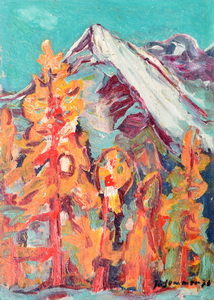 Werkverzeichnis Nr. 918, 1976, Berg mit Tannen, Öl auf Karton, 52,9 x 38,4 cm,
						bez. u.r.:  K. Sommer 76