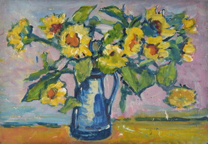 Werkverzeichnis Nr. 989, um 1976, Sonnenblumen in blauer Vase vor rosa Wand,  Öl auf Karton, 40,3 x 56,9 cm