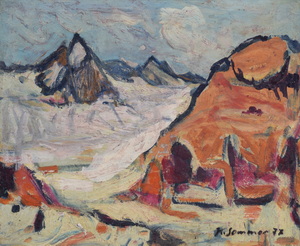 Werkverzeichnis Nr. 1024, 1977, Stubaier Alpen,  Öl auf Karton, 36,9 x 44,8 cm
						bez. u.r.:  K. Sommer 77