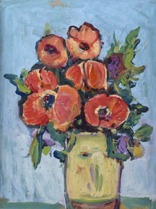 Werkverzeichnis Nr. 1067, um 1977, Annemonen in weißer Vase, Öl auf Karton, 48,7 x 37,5 cm