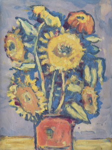 Werkverzeichnis Nr. 1064, um 1977, Sonnenblumen in braunem Vase vor blaslila Wand, Öl auf Karton, 49,2 x 37,3 cm