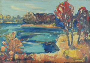 Werkverzeichnis Nr. 1088, um 1978, Ostersee mit bewaldetem Ufer, Acryl auf Karton, 38,2 x 53,5 cm