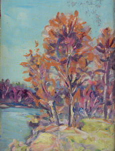 Werkverzeichnis Nr. 1108, um 1978, Bäume an einem See, Acryl auf Karton, 48,6 x 37,5 cm