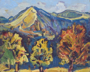 Werkverzeichnis Nr. 1118, um 1978, Berg mit vier Bäumen, Öl auf Karton, 50,8 x 62,7 cm