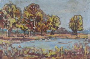 Werkverzeichnis Nr. 1145, um 1979, Bäume an einem Weiher, Öl auf Karton, 39,7 x 60,2 cm
