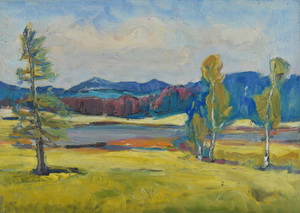 Werkverzeichnis Nr. 1208, um 1981, Ostersee, Öl auf Karton, 40,3 x 56,5 cm
