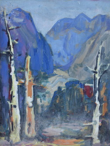 Werkverzeichnis Nr. 1279, um 1982, Blick zwischen Bäumen in ein Gebirgstal, Öl auf Karton, 48,6 x 37,3 cm