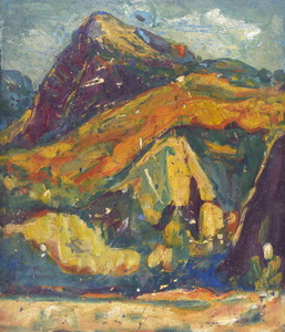 Werkverzeichnis Nr. 1329, um 1983, Bergmassiv mit angeschnittenem See, Öl auf Karton, 56,8 x 48,6 cm