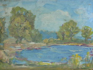 Werkverzeichnis Nr. 1331, um 1984, Gewässer mit Bäumen,  Öl auf Karton, 37,6 x 48,6 cm