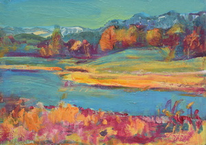 Werkverzeichnis Nr. 1364, um 1985, Gewässer vor enem Gebirgszug, Öl auf Karton, 40,0 x 57,2 cm