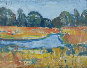 Werkverzeichnis Nr. 1414, um 1986, Wiesen, Gewässer und Wald, Acryl auf Karton, 37,7 x 48,3 cm