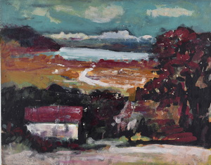 Werkverzeichnis Nr. 1483, um 1989, Landschaft mit Haus und einem See in den Voralpen, Öl auf Hartfaser, 56,4 x 70,7 cm