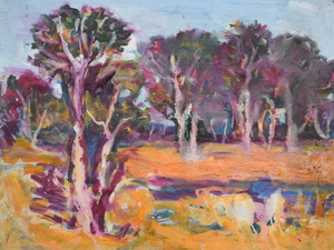 Werkverzeichnis Nr. 1540, um 1990, Kleiner See mit Bäumen, Öl auf Karton, 47,6 x 63,4 cm