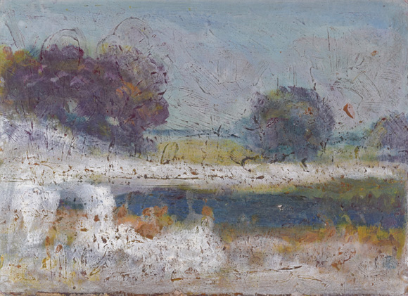 Weiher mit Bäumen und Nebel, um 1990, Acryl, Öl auf Karton, 37,1 x 50,3 cm