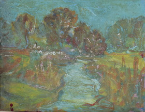 Werkverzeichnis Nr. 1546, um 1990, Bach mit Bäumen, Acryl, Öl auf Karton, 37,9 x 48,7 cm