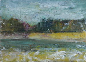 Werkverzeichnis Nr. 1675, um 1994, Gewässer mit Wald, Acryl, Öl auf Karton, 37,8 x 52,7 cm