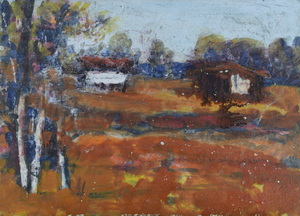 Werkverzeichnis Nr. 1736, um 1996, Dachauer Moos mit zwei Torfunterständen, Acryl, Öl auf Karton, 38,5 x 52,9 cm
