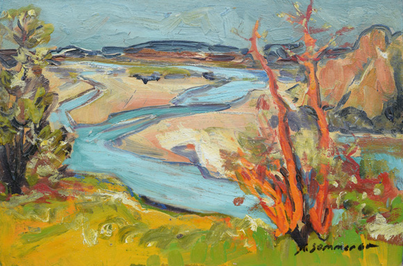 Zusammenfluss von Isar und Loisach, 1960, Öl auf Karton, 40,3 x 60,3 cm, bez. u.r.: K. Sommer, 60