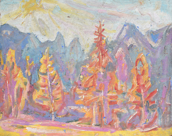 Morgenstimmung im Karwendel, um 1971, Öl auf Hartfaser, 56,6 x 70,8 cm