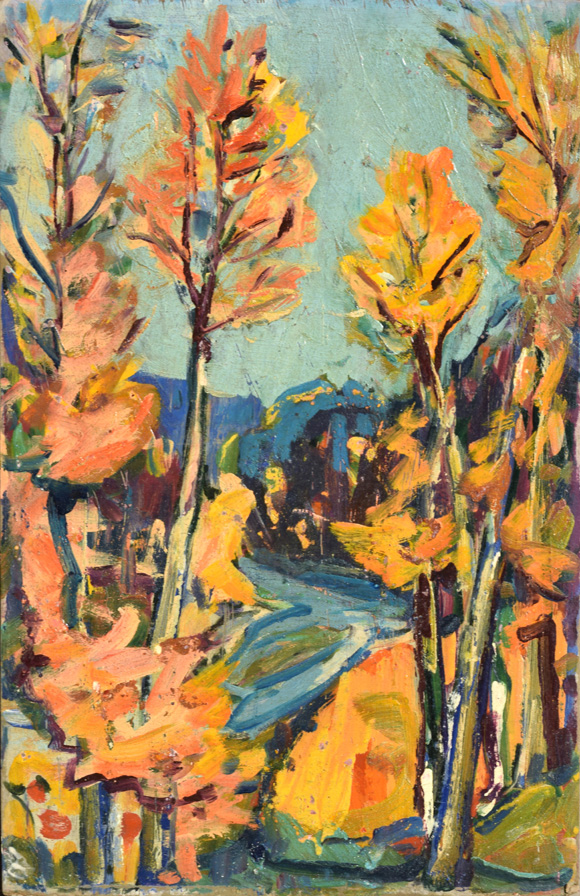 Isar bei Icking, um 1974, Öl auf Karton, 60,4 x 40,0 cm