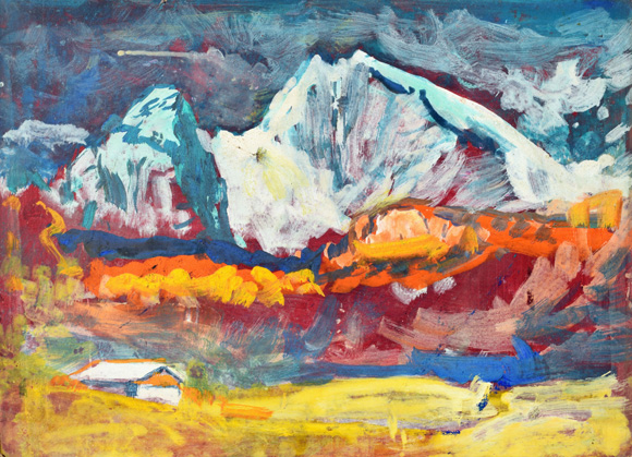 Großer und Kleiner Watzmann mit Hütte, um 1975, Öl auf Karton, 38,5 x 52,7 cm