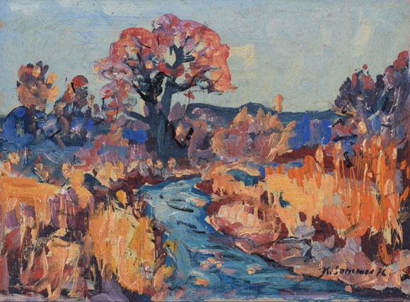 Bach mit Bäumen nahe der Alpen, 1976, Öl auf Karton, 38,2 52,7 cm