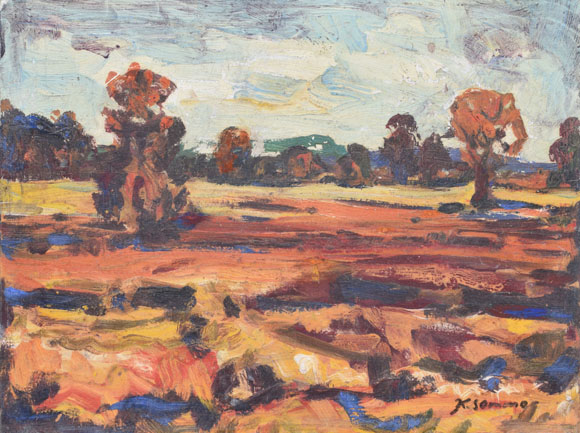 Feldlandschaft mit Bäumen, um 1976, sign.: K. Sommer, Acryl auf Karton, 44,5 x 59,0 cm