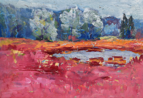 Waldrand mit Teich, um 1992, Öl auf Karton, 39,8 x 58,8 cm